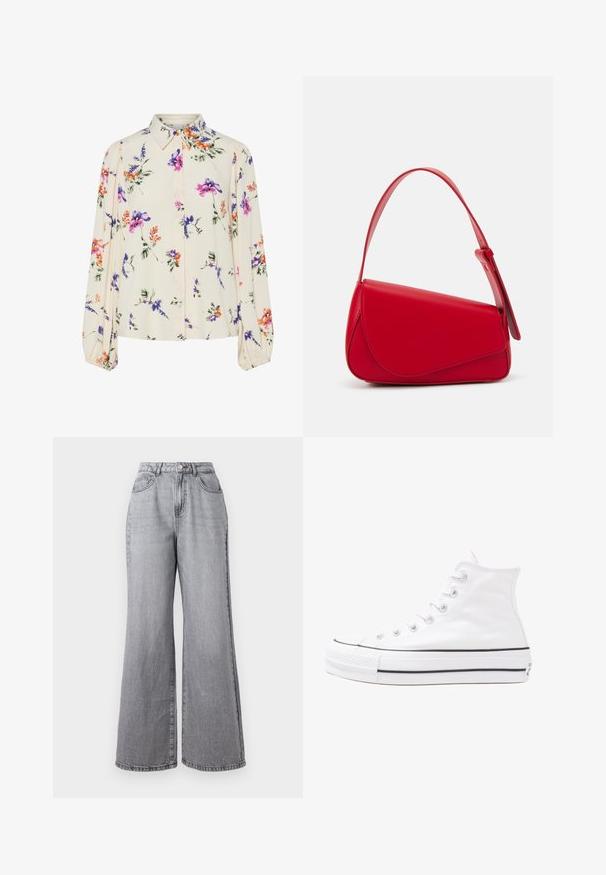 Blusa floral con mangas largas abullonadas, base color crema claro, con patrones florales en púrpura, naranja y verde, y diseño de cuello clásico.; Pantalones vaqueros de pierna ancha en gris claro, confeccionados en denim, con una cintura alta, cinco bolsillos y una textura ligeramente descolorida. Cierre con botón metálico y cremallera.; Zapatilla de lona alta blanca con suela de goma negra, puntera de goma frontal y seis ojetes para los cordones, que presenta un diseño limpio y minimalista.; Bolso de cuero rojo con un diseño angular y geométrico. Cuenta con una única correa ajustable y un cierre de solapa con detalles de costura.