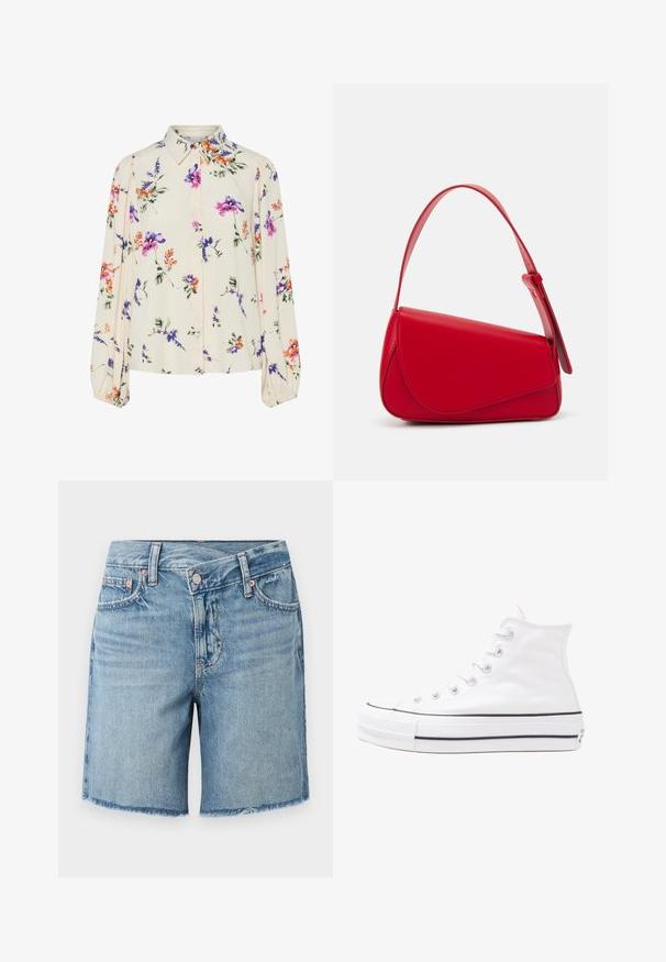 Blomstrete bluse med lange pufferm, lys kremfarge, med lilla, oransje og grønne blomster mønstre, og klassisk kragedesign.; Lyseblå denimshorts med en frynset kant, fem-lomme-design og klassisk knappelukking, med subtil falming og kontrastsøm.; Hvit høy-skinn kanvas sneakers med svart gummisåle, gummitåhette foran og seks hull for snorer, med et rent, minimalistisk design.; Rød lærveske med en vinklet, geometrisk design. Har en enkelt justerbar stropp og en klaffelukking med sydd detaljer.