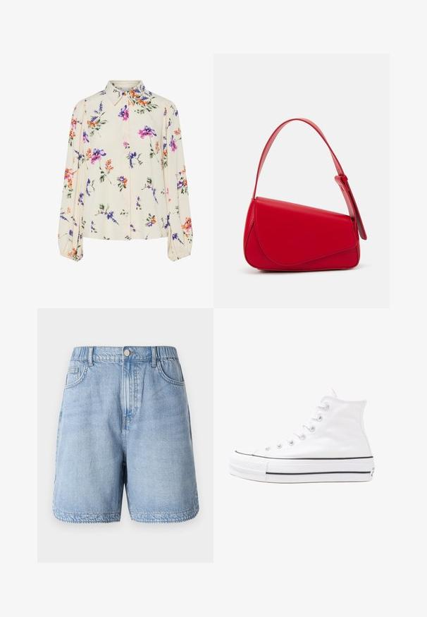 Kukkakuvioinen paita pitkillä puff-hihoilla, vaalean kerma pohja, jossa on violetteja, oransseja ja vihreitä kukkakuoseja sekä klassinen kaulustyyli.; Vaaleansiniset farkkushortsit, joissa on joustava vyötärö, kaksi etutaskua ja rento leikkaus. Sisältää hienovaraisia haalistumia ja ylälankakuvioita.; Valkoiset korkeavartiset kangaskengät mustalla kumipohjalla, edessä kuminen varvasosa ja kuusi nauha-aukkoa, puhtaan minimalistisella muotoilulla.; Punainen nahkalaukku, jossa on kulmikas, geometrinen muotoilu. Varustettu yhdellä säädettävällä hihnalla ja läpällä, jossa on ommeltu yksityiskohtia.