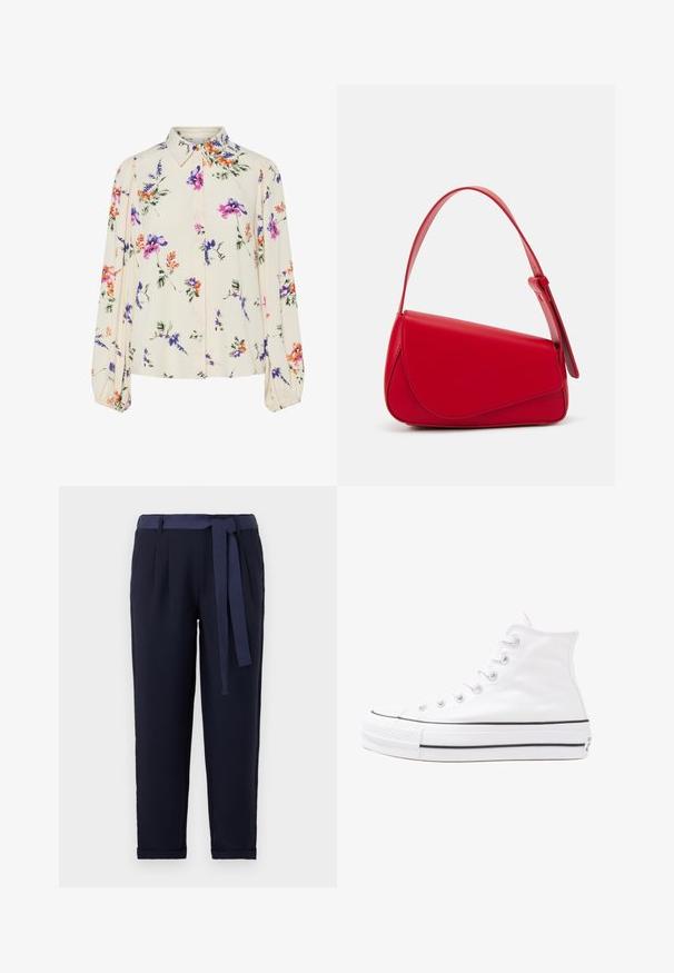 Floral blouse with long puff sleeves, light cream base, featuring purple, orange, and green floral patterns, and classic collar design.; Navy trousers made of soft fabric, featuring a wide waistband with a belt, pleated front, and rolled cuffs, providing a tailored appearance.; White high-top canvas sneaker with black rubber sole, front rubber toe cap, and six eyelets for laces, featuring a clean, minimalist design.; Red leather handbag with an angular, geometric design. Features a single adjustable strap and a flap closure with stitched detailing.