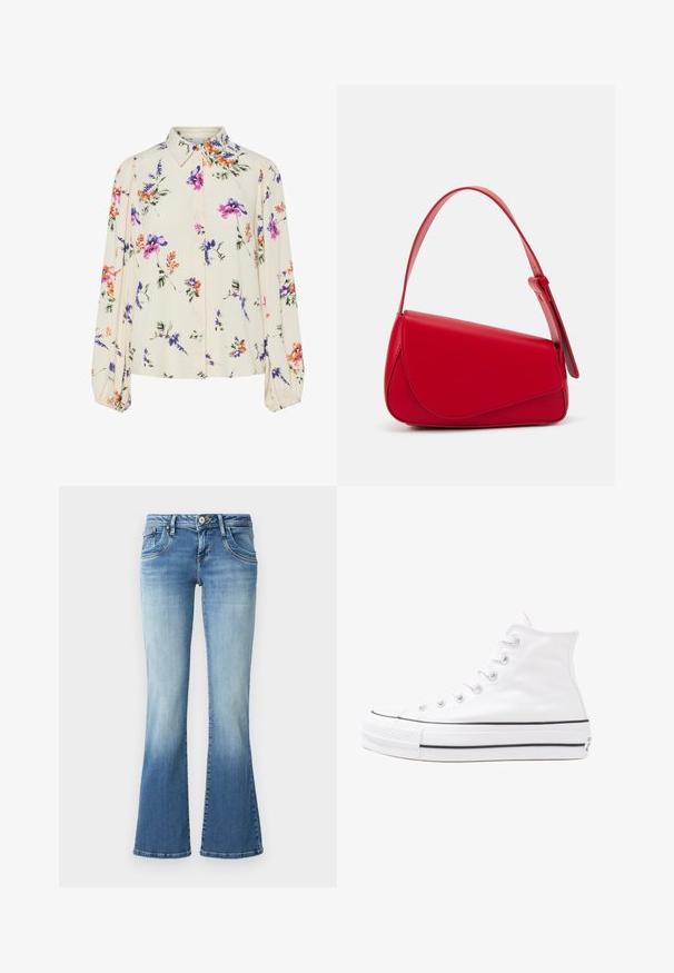 Floral blouse with long puff sleeves, light cream base, featuring purple, orange, and green floral patterns, and classic collar design.; Light blue denim flared jeans with a mid-rise waist, featuring five pockets, subtle fading, and stitched detailing along the seams.; White high-top canvas sneaker with black rubber sole, front rubber toe cap, and six eyelets for laces, featuring a clean, minimalist design.; Red leather handbag with an angular, geometric design. Features a single adjustable strap and a flap closure with stitched detailing.