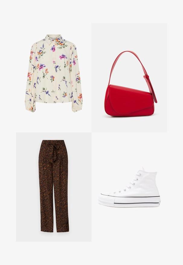 Cvetna bluzica z dolgimi puff rokavi, svetlo smetanaste barve, s purpurnimi, oranžnimi in zelenimi cvetličnimi vzorci ter klasičnim ovratnikom.; Hlače z rjavimi in oranžnimi vzorci, z zaveznim pasom, širok kroj, gladka tkanina, z abstraktnim leopardskim vzorcem.; Beli visoki platneni športni čevelj z črnim gumijastim podplatom, sprednjim gumijastim zaščitnikom za prste in šestimi luknjicami za vezalke, ki se ponaša s preprostim, minimalističnim dizajnom.; Rdeča usnjena torba z angularnim, geometrijskim dizajnom. Ima en samostoječ nastavljiv ročaj in pokrov, zaprt z zapiranjem, ki je okrašen s šivi.