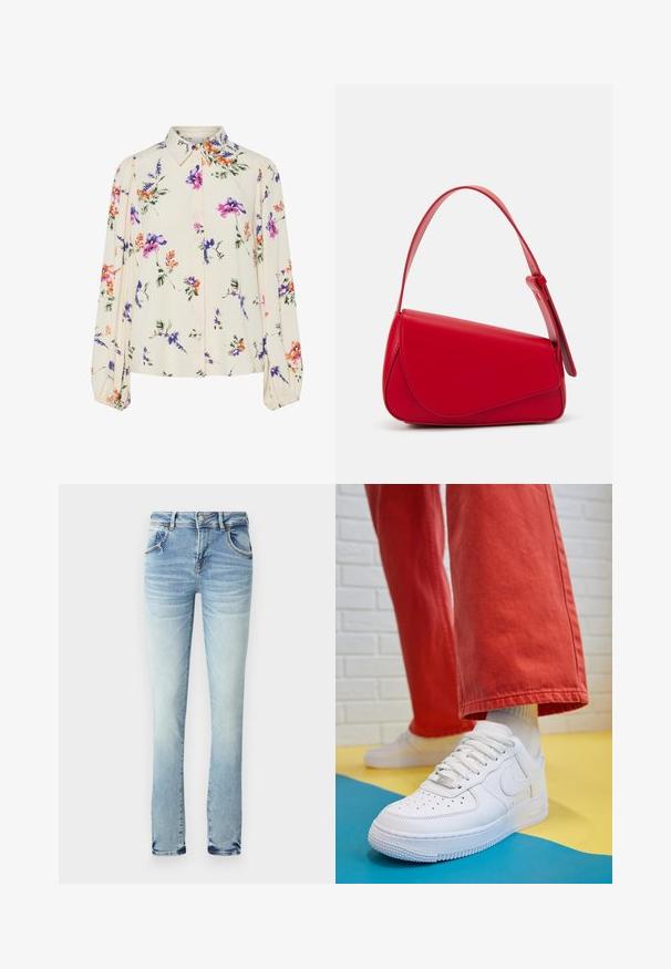 Lille kreemipehme lilleline pluus, millel on pikad puhvli varrukad, millel on lillad, oranžid ja rohelised lillemustrid ning klassikaline kaelus.; Heledad sinise värvi denimist teksad, millel on pleekimise efekt. Omab viit taskut, nööbiga ja tõmblukuga sulgemist ning sirget sääre disaini. Ei sisalda nähtavaid mustreid.; Valge nahast tennis, millel on perforeeritud varvas, tekstureeritud tallad ja valged shoelaces, kombineeritud laia punase pükste ja sinise ning kollase taustaga.; Punane nahast käekott, millel on nurkadega geomeetriline disain. Omab ühte reguleeritavat rihma ja klappidega sulgemist, millel on õmblustega kaunistused.