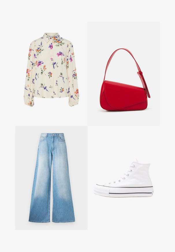 Blusa floral com mangas bufantes longas, base de creme claro, apresentando padrões florais em roxo, laranja e verde, e design de gola clássica.; Jeans de perna larga em azul claro com um efeito desbotado, apresentando um fecho de botão, passantes para cinto e um design clássico de cinco bolsos.; Sapatilha alta de tela branca com sola de borracha preta, bico de borracha na frente e seis ilhós para os atacadores, apresentando um design limpo e minimalista.; Bolsa de mão em couro vermelho com um design angular e geométrico. Apresenta uma única alça ajustável e um fecho com aba, com detalhes cosidos.