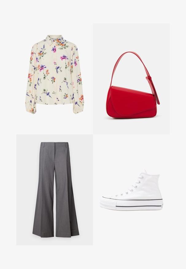 Cvetna bluzica z dolgimi puff rokavi, svetlo smetanaste barve, s purpurnimi, oranžnimi in zelenimi cvetličnimi vzorci ter klasičnim ovratnikom.; Sive široke hlače iz teksturiranega materiala, z visokim pasom in sprednjimi naborki. Robovi so urejeni brez dodatnih okraskov.; Beli visoki platneni športni čevelj z črnim gumijastim podplatom, sprednjim gumijastim zaščitnikom za prste in šestimi luknjicami za vezalke, ki se ponaša s preprostim, minimalističnim dizajnom.; Rdeča usnjena torba z angularnim, geometrijskim dizajnom. Ima en samostoječ nastavljiv ročaj in pokrov, zaprt z zapiranjem, ki je okrašen s šivi.