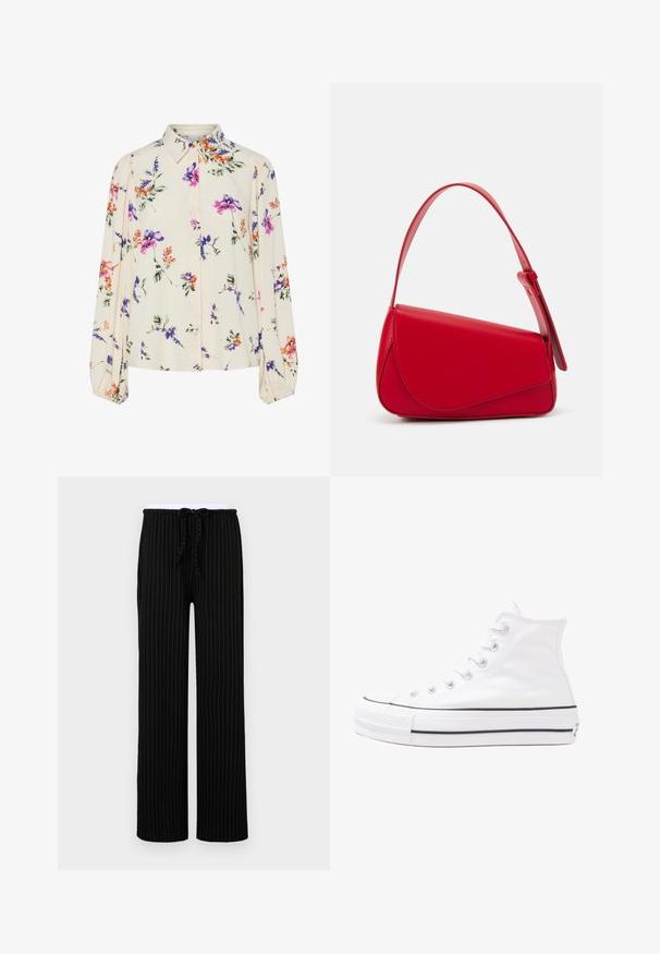 Gėlių bluzonas su ilgomis pūkuotomis rankovėmis, šviesiai kreminiu pagrindu, su violetiniais, oranžiniais ir žaliais gėlių raštais bei klasikiniu apykaklės dizainu.; Juodos dryžuotos kelnės su laisvu siluetu, turinčios elastingą juosmenį ir šnurku, pagamintos iš minkštos audinio tekstūros.; Balti aukštakulniai drobės sportbačiai su juodu guminio pado, priekinio guminio piršto dangteliu ir šešiais akytėmis raištams, pasižymintys švariu, minimalistiniu dizainu.; Raudona odinė rankinė su kampuota, geometrine forma. Pasižymi viena reguliuojama dirželiu ir dangteliu su siuvinėtais dekoracijomis.