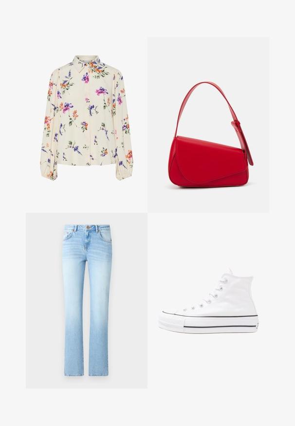 Blusa floral con mangas largas abullonadas, base color crema claro, con patrones florales en púrpura, naranja y verde, y diseño de cuello clásico.; Pantalones de mezclilla de color azul claro con una silueta acampanada, que presentan un cierre de botón, cinco bolsillos y un ligero patrón de desgaste.; Zapatilla de lona alta blanca con suela de goma negra, puntera de goma frontal y seis ojetes para los cordones, que presenta un diseño limpio y minimalista.; Bolso de cuero rojo con un diseño angular y geométrico. Cuenta con una única correa ajustable y un cierre de solapa con detalles de costura.