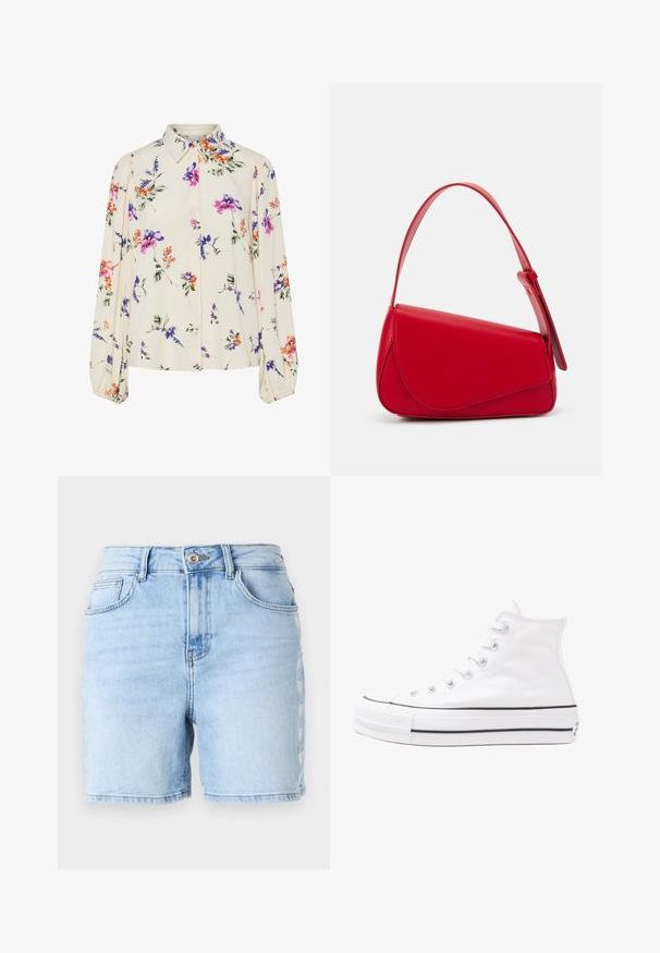 Bloes met bloemenprint en lange pofmouwen, lichte crème basis, met paarse, oranje en groene bloemmotieven, en een klassiek kraagontwerp.; Lichtblauwe denim shorts met een hoge taille, raw hem, vijf zakken en een decoratief stiksels patroon aan de zijkant. Gemaakt van katoenen stof.; Witte high-top canvas sneakers met een zwarte rubberen zool, een rubberen neuskap aan de voorkant en zes gaatjes voor veters, met een schone, minimalistische uitstraling.; Rode leren handtas met een hoekig, geometrisch ontwerp. Beschikt over een enkele verstelbare schouderriem en een klepclosure met gestikte details.