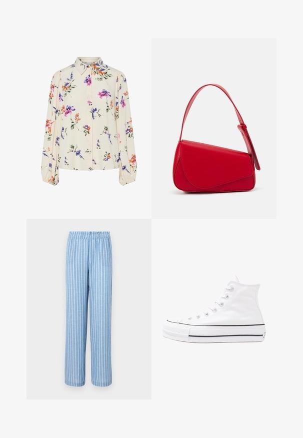 Gėlių bluzonas su ilgomis pūkuotomis rankovėmis, šviesiai kreminiu pagrindu, su violetiniais, oranžiniais ir žaliais gėlių raštais bei klasikiniu apykaklės dizainu.; Šviesiai mėlynos dryžuotos kelnės su elastinga juosmena, pagamintos iš minkštos medžiagos, su vertikaliai baltais dryžiais ir laisvu prigludimu.; Balti aukštakulniai drobės sportbačiai su juodu guminio pado, priekinio guminio piršto dangteliu ir šešiais akytėmis raištams, pasižymintys švariu, minimalistiniu dizainu.; Raudona odinė rankinė su kampuota, geometrine forma. Pasižymi viena reguliuojama dirželiu ir dangteliu su siuvinėtais dekoracijomis.