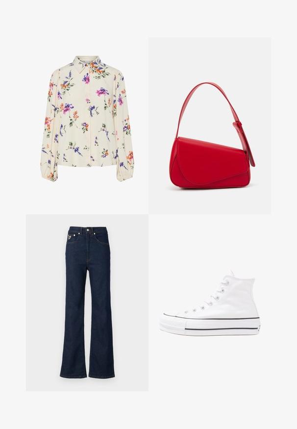 Cvetna bluzica z dolgimi puff rokavi, svetlo smetanaste barve, s purpurnimi, oranžnimi in zelenimi cvetličnimi vzorci ter klasičnim ovratnikom.; Temno modri traper hlače s širokimi hlačnicami, izdelane iz denima, s poudarjenim pasom, petimi žepi in kontrastnim oranžnim šivanjem. Vključujejo kovinsko zaponko.; Beli visoki platneni športni čevelj z črnim gumijastim podplatom, sprednjim gumijastim zaščitnikom za prste in šestimi luknjicami za vezalke, ki se ponaša s preprostim, minimalističnim dizajnom.; Rdeča usnjena torba z angularnim, geometrijskim dizajnom. Ima en samostoječ nastavljiv ročaj in pokrov, zaprt z zapiranjem, ki je okrašen s šivi.