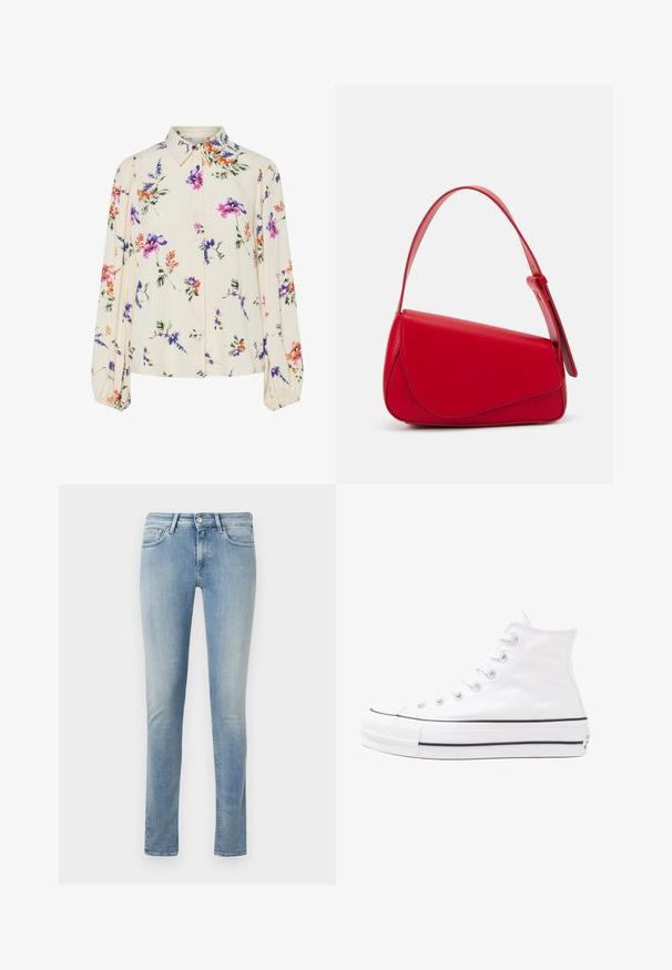 Cvjetna bluza s dugim napuhanim rukavima, svijetlo krem osnova, s ljubičastim, narančastim i zelenim cvjetnim uzorcima, te klasičnim dizajnom ovratnika.; Svijetloplave denim uske traperice s visokim strukom, dizajnom od pet džepova i suptilnim izbljeđenjem kroz tkaninu.; Bijela visoka platnena tenisica s crnom gumenom potplatom, prednjim gumenim zaštitnikom prstiju i šest rupa za vezanje, s čistim, minimalističkim dizajnom.; Crvena kožna torba s kutnim, geometrijskim dizajnom. Ima jedan podesivi remen i preklopni zatvarač sa šivenim detaljima.