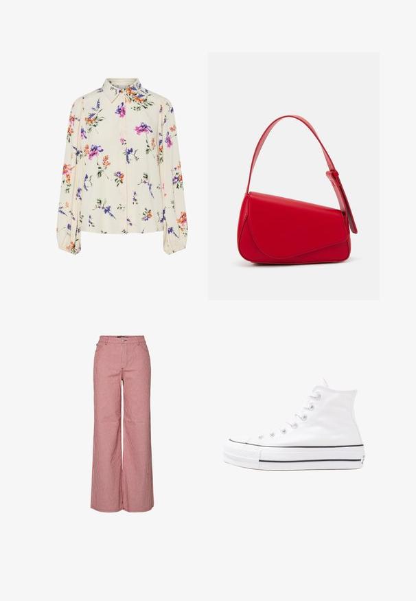 Λουλουδάτη μπλούζα με μακριά φουσκωτά μανίκια, σε απαλό κρέμ χρώμα, που διαθέτει μωβ, πορτοκαλί και πράσινα λουλουδάτα μοτίβα, καθώς και κλασικό σχέδιο γιακά.; Καρό παντελόνι με ψηλή μέση σε κόκκινες και λευκές ρίγες, με φαρδιά πόδια, μπροστινές τσέπες και κλείσιμο με κουμπί. Το υλικό είναι ελαφρύ και υφασμάτινο.; Λευκό ψηλό καμβαδάκι αθλητικό παπούτσι με μαύρη καουτσούκ σόλα, πρόσθιο καουτσούκ καλύμματος δακτύλου και έξι οπές για κορδόνια, με μια καθαρή και μίνιμαλ σχεδίαση.; Κόκκινη δερμάτινη τσάντα χειρός με γωνιακό, γεωμετρικό σχέδιο. Διαθέτει έναν ρυθμιζόμενο ιμάντα και κλείσιμο με καπάκι που έχει ραφές.
