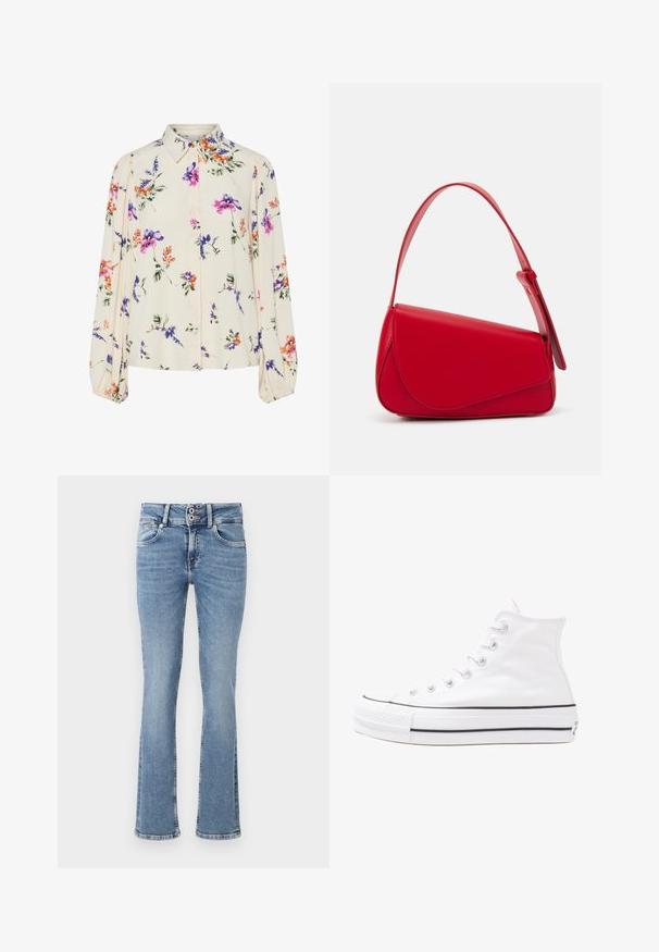 Blomstrete bluse med lange pufferm, lys kremfarge, med lilla, oransje og grønne blomster mønstre, og klassisk kragedesign.; Blå denim jeans med vidde, middels vask, knapplukking, fem lommer og sømdetaljer på lommene og i kanten.; Hvit høy-skinn kanvas sneakers med svart gummisåle, gummitåhette foran og seks hull for snorer, med et rent, minimalistisk design.; Rød lærveske med en vinklet, geometrisk design. Har en enkelt justerbar stropp og en klaffelukking med sydd detaljer.