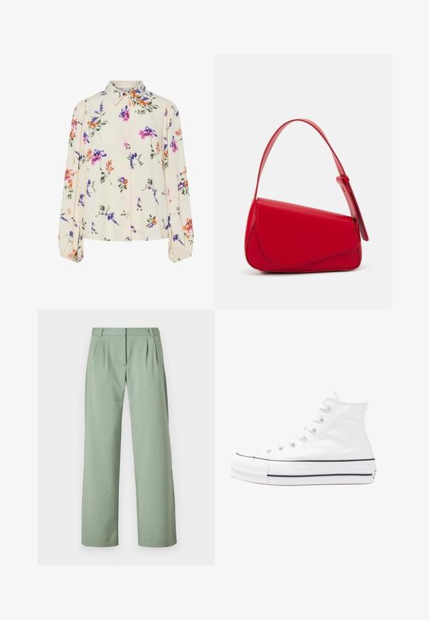 Bluză florală cu mâneci lungi și puff, bază de crem deschis, cu modele florale în nuanțe de violet, portocaliu și verde, și design cu guler clasic.; Pantaloni verzi, croiți dintr-un material neted. Prezintă un design cu picior drept, pliseuri în față și buzunare laterale.; Adidași albi tip pantofi sport cu glezna din pânză, cu talpă din cauciuc negru, capac de vârf din cauciuc frontal și șase ochiuri pentru șireturi, având un design curat și minimalist.; Geantă de mână din piele roșie, cu un design unghiular și geometric. Dispune de o singură curea ajustabilă și un sistem de închidere cu clapetă, cu detalii cusute.