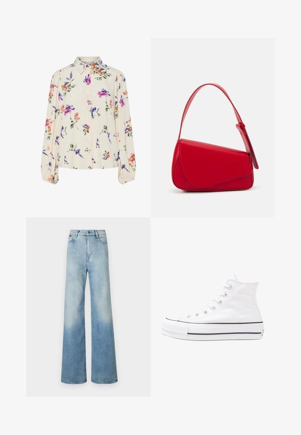 Blusa floral com mangas bufantes longas, base de creme claro, apresentando padrões florais em roxo, laranja e verde, e design de gola clássica.; Jeans de perna larga em azul claro, feitos de denim, com uma cintura alta, design de cinco bolsos e desbotamento subtil ao longo das pernas.; Sapatilha alta de tela branca com sola de borracha preta, bico de borracha na frente e seis ilhós para os atacadores, apresentando um design limpo e minimalista.; Bolsa de mão em couro vermelho com um design angular e geométrico. Apresenta uma única alça ajustável e um fecho com aba, com detalhes cosidos.