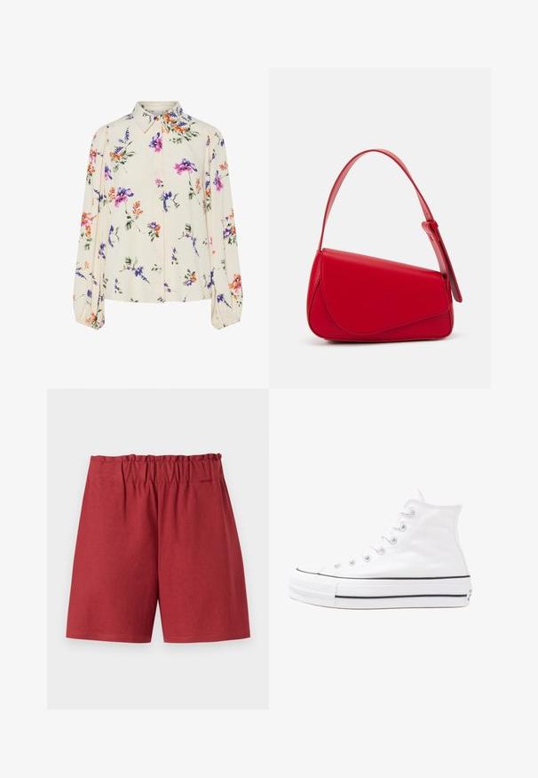 Bluză florală cu mâneci lungi și puff, bază de crem deschis, cu modele florale în nuanțe de violet, portocaliu și verde, și design cu guler clasic.; Pantaloni scurți roșii cu talie elastică, având o croială relaxată și o textură netedă din bumbac. Marginile sunt drepte, fără modele sau accente vizibile.; Adidași albi tip pantofi sport cu glezna din pânză, cu talpă din cauciuc negru, capac de vârf din cauciuc frontal și șase ochiuri pentru șireturi, având un design curat și minimalist.; Geantă de mână din piele roșie, cu un design unghiular și geometric. Dispune de o singură curea ajustabilă și un sistem de închidere cu clapetă, cu detalii cusute.