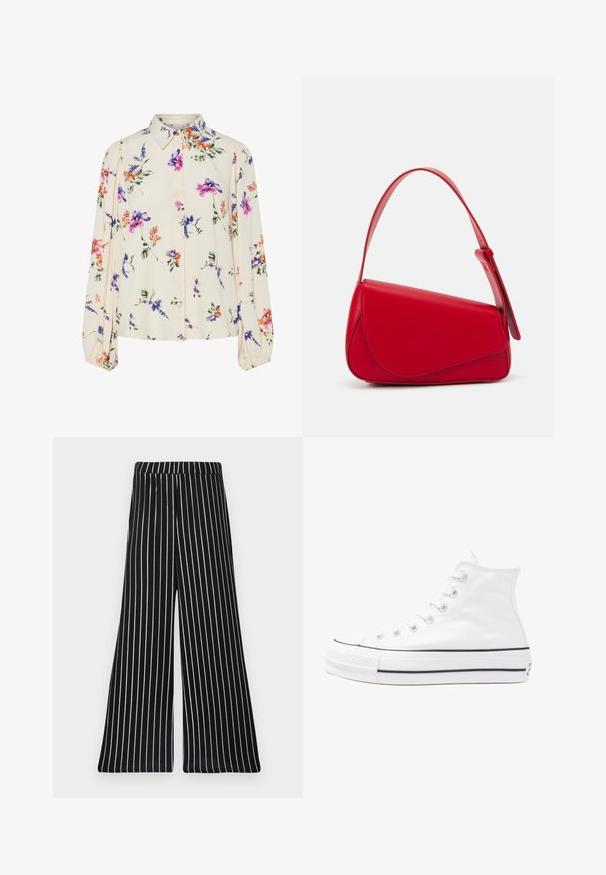 Květnatá blůza s dlouhými balónovými rukávy, světle krémové barvy, s fialovými, oranžovými a zelenými květinovými vzory a klasickým límečkem.; Černobílé pruhované široké kalhoty s elastickým páskem, s vertikálními pruhy z měkkého, elastického materiálu.; Bílé vysoké plátěné tenisky s černou gumovou podrážkou, přední gumovou špičkou a šesti očky na tkaničky, se čistým, minimalistickým designem.; Červená kožená kabelka s ostrým, geometrickým designem. Má jeden nastavitelný popruh a klopu s prošívanými detaily.