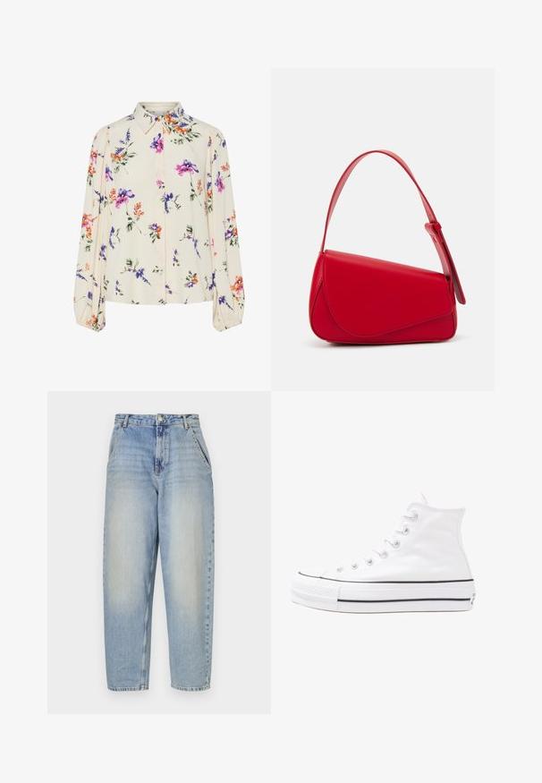 Blomstrete bluse med lange pufferm, lys kremfarge, med lilla, oransje og grønne blomster mønstre, og klassisk kragedesign.; Lys blå denimjeans med avslappet passform, høy midje og svakt avsmalnende ben. Slitt tekstur med falmet vask og sidelommer.; Hvit høy-skinn kanvas sneakers med svart gummisåle, gummitåhette foran og seks hull for snorer, med et rent, minimalistisk design.; Rød lærveske med en vinklet, geometrisk design. Har en enkelt justerbar stropp og en klaffelukking med sydd detaljer.