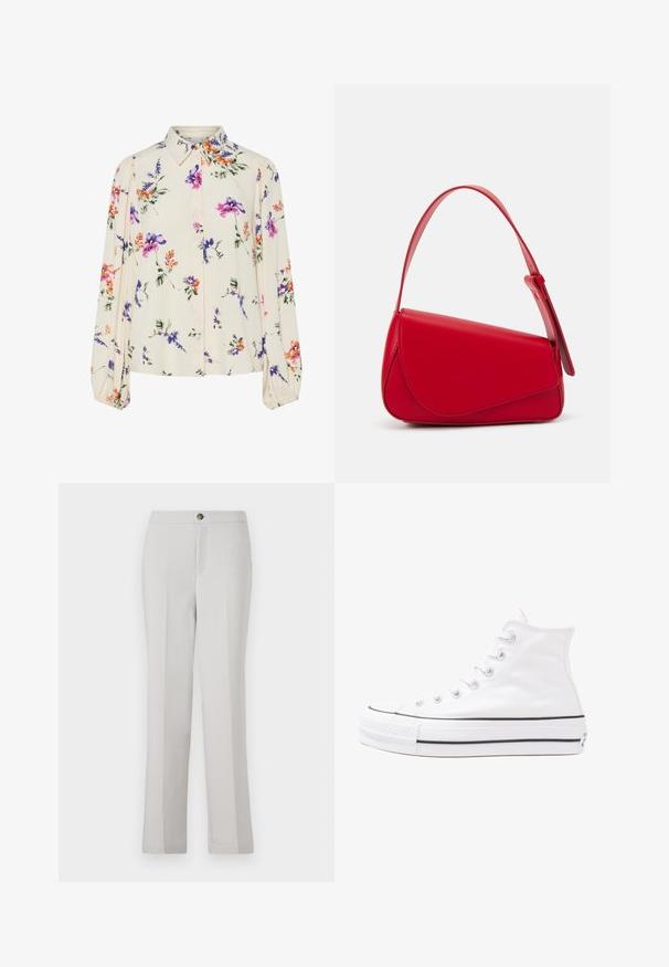 Gėlių bluzonas su ilgomis pūkuotomis rankovėmis, šviesiai kreminiu pagrindu, su violetiniais, oranžiniais ir žaliais gėlių raštais bei klasikiniu apykaklės dizainu.; Šviesiai pilki tiesūs kelnės, pagamintos iš lygaus audinio, su priekiniais segtukais, šoninėmis kišenėmis ir pritaikytu siluetu.; Balti aukštakulniai drobės sportbačiai su juodu guminio pado, priekinio guminio piršto dangteliu ir šešiais akytėmis raištams, pasižymintys švariu, minimalistiniu dizainu.; Raudona odinė rankinė su kampuota, geometrine forma. Pasižymi viena reguliuojama dirželiu ir dangteliu su siuvinėtais dekoracijomis.