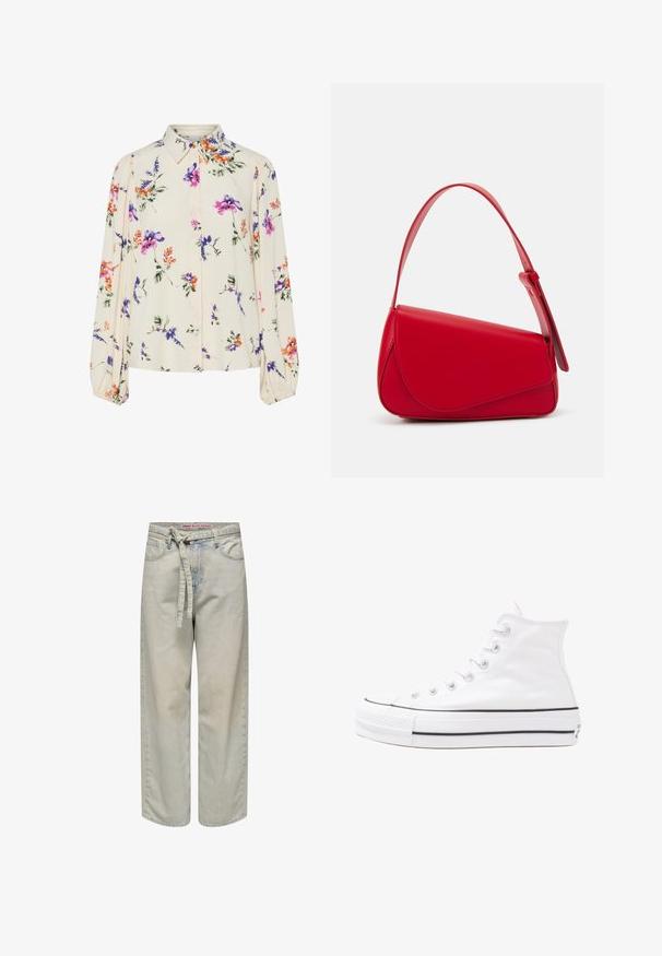 Bloes met bloemenprint en lange pofmouwen, lichte crème basis, met paarse, oranje en groene bloemmotieven, en een klassiek kraagontwerp.; Lichtblauwe wijde jeans met een ceintuur in de taille, featuring een verwashed detail en klassiek vijf-pocket ontwerp, gemaakt van denimstof.; Witte high-top canvas sneakers met een zwarte rubberen zool, een rubberen neuskap aan de voorkant en zes gaatjes voor veters, met een schone, minimalistische uitstraling.; Rode leren handtas met een hoekig, geometrisch ontwerp. Beschikt over een enkele verstelbare schouderriem en een klepclosure met gestikte details.