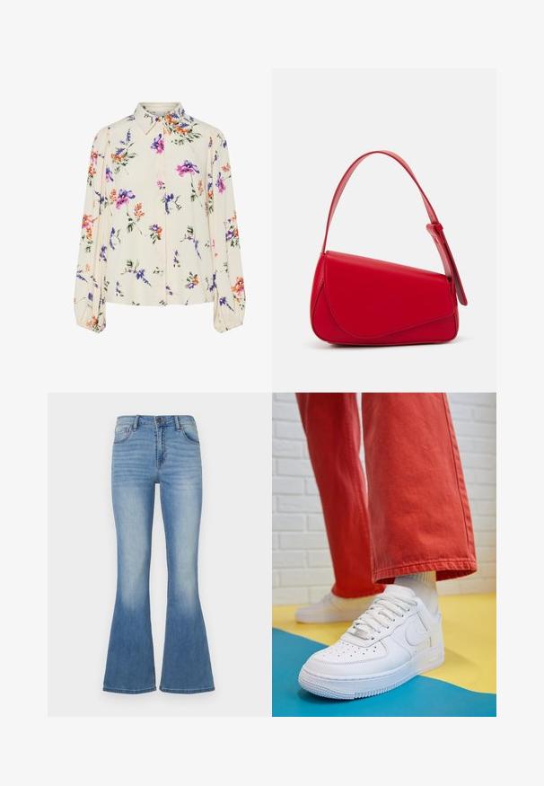 Blusa floreale con maniche puff lunghe, base di un chiaro crema, caratterizzata da motivi floreali in viola, arancione e verde, con un classico design del colletto.; Jeans a palazzo azzurri realizzati in denim. Presentano vita alta, design a cinque tasche e una finitura sfumata con cuciture a contrasto.; Sneaker bianco in pelle con punta perforata, suola testurizzata e lacci bianchi, abbinati a pantaloni rossi larghi e uno sfondo blu e giallo.; Borsa a tracolla in pelle rossa con un design angolare e geometrico. Presenta una singola tracolla regolabile e una chiusura a patta con dettagli cuciti.