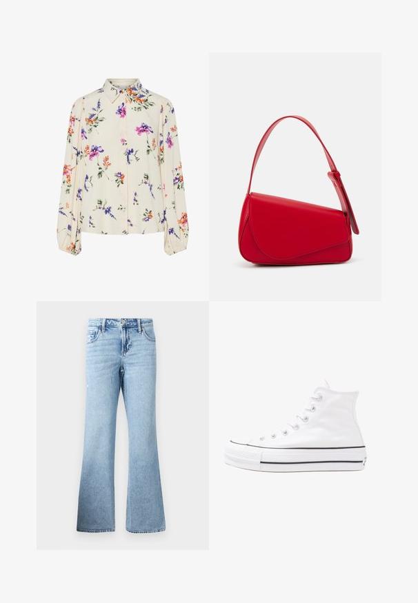 Cvjetna bluza s dugim napuhanim rukavima, svijetlo krem osnova, s ljubičastim, narančastim i zelenim cvjetnim uzorcima, te klasičnim dizajnom ovratnika.; Svijetloplave traperice s flared krojem izrađene od denima, s patentnim zatvaračem i gumbom, standardnim dizajnom s pet džepova i suptilnim detaljima istrošenosti.; Bijela visoka platnena tenisica s crnom gumenom potplatom, prednjim gumenim zaštitnikom prstiju i šest rupa za vezanje, s čistim, minimalističkim dizajnom.; Crvena kožna torba s kutnim, geometrijskim dizajnom. Ima jedan podesivi remen i preklopni zatvarač sa šivenim detaljima.