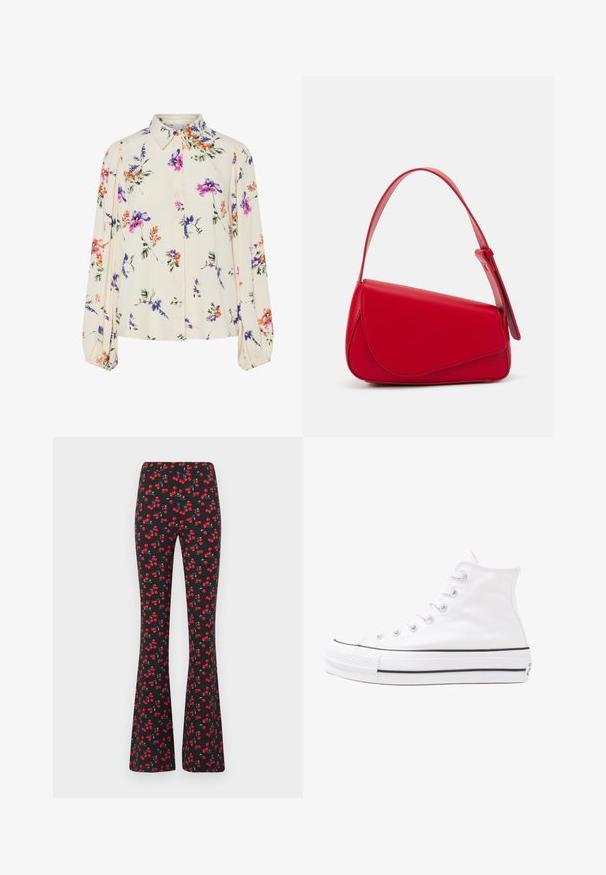 Cvetna bluzica z dolgimi puff rokavi, svetlo smetanaste barve, s purpurnimi, oranžnimi in zelenimi cvetličnimi vzorci ter klasičnim ovratnikom.; Raztrgane hlače iz raztegljive črne tkanine z motivom češnjev v rdeči in zeleni barvi. Imajo gladek pas in lahko teksturo.; Beli visoki platneni športni čevelj z črnim gumijastim podplatom, sprednjim gumijastim zaščitnikom za prste in šestimi luknjicami za vezalke, ki se ponaša s preprostim, minimalističnim dizajnom.; Rdeča usnjena torba z angularnim, geometrijskim dizajnom. Ima en samostoječ nastavljiv ročaj in pokrov, zaprt z zapiranjem, ki je okrašen s šivi.