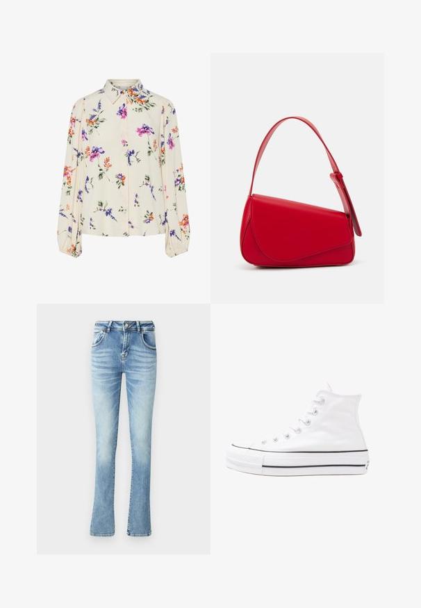 Cvjetna bluza s dugim napuhanim rukavima, svijetlo krem osnova, s ljubičastim, narančastim i zelenim cvjetnim uzorcima, te klasičnim dizajnom ovratnika.; Svijetloplave traperice s flared krojem, srednjeg struka, s pet džepova, šivenim šavovima i blagim izblijeđenjem na bedrima za izgled istrošenosti.; Bijela visoka platnena tenisica s crnom gumenom potplatom, prednjim gumenim zaštitnikom prstiju i šest rupa za vezanje, s čistim, minimalističkim dizajnom.; Crvena kožna torba s kutnim, geometrijskim dizajnom. Ima jedan podesivi remen i preklopni zatvarač sa šivenim detaljima.