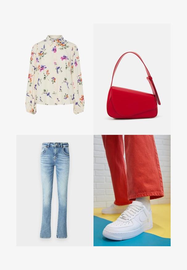 Lille kreemipehme lilleline pluus, millel on pikad puhvli varrukad, millel on lillad, oranžid ja rohelised lillemustrid ning klassikaline kaelus.; Heledad sinine denimist vabaaja püksid, keskmise kõrgusega talje, viis taskut, õmmeldud õmblused ja kerged fading'u efekti jäljed reitel.; Valge nahast tennis, millel on perforeeritud varvas, tekstureeritud tallad ja valged shoelaces, kombineeritud laia punase pükste ja sinise ning kollase taustaga.; Punane nahast käekott, millel on nurkadega geomeetriline disain. Omab ühte reguleeritavat rihma ja klappidega sulgemist, millel on õmblustega kaunistused.