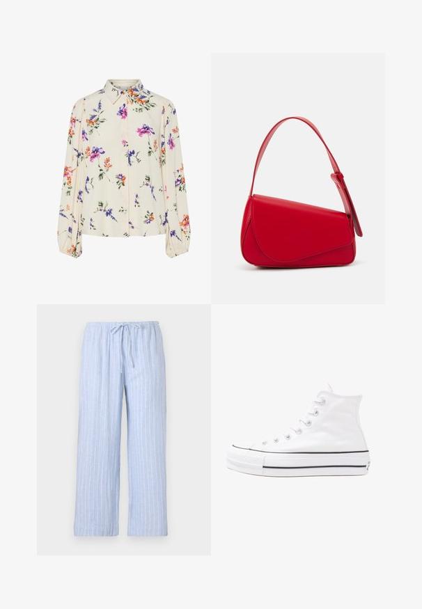 Blomsterbluse med lange puffærmer, lys cremefarvet base, prydet med lilla, orange og grønne blomster mønstre samt klassisk krave design.; Lyseblå pyjamabukser med hvide lodrette striber, lavet af blødt stof, med elastisk talje og justerbar snor.; Hvide høje kanvas sneakers med sort gummisål, gummitåhætte foran og seks øjehuller til snørebånd, der har et rent, minimalistisk design.; Rød læderhåndtaske med et kantet, geometrisk design. Har en enkelt justerbar rem og en klaplukning med syede detaljer.