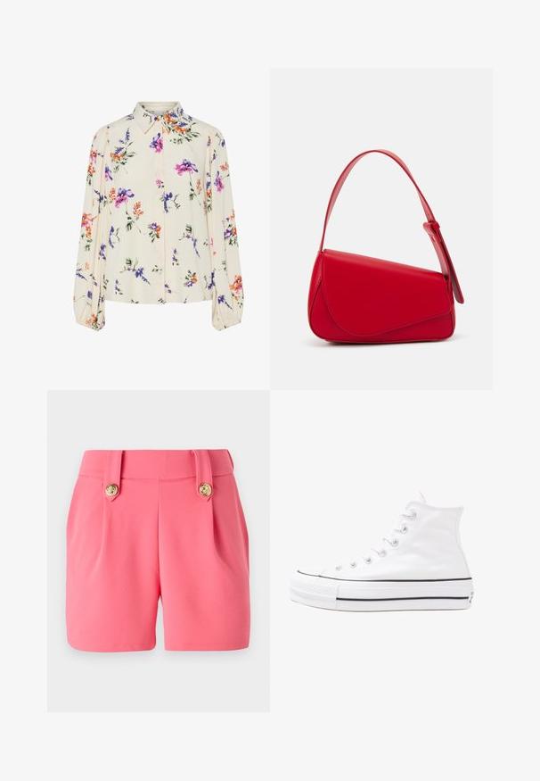Cvjetna bluza s dugim napuhanim rukavima, svijetlo krem osnova, s ljubičastim, narančastim i zelenim cvjetnim uzorcima, te klasičnim dizajnom ovratnika.; Roze šorts izrađeni od mekog materijala, s dva prednja nabora, zlatnim dugmadi i prilagođenim krojem.; Bijela visoka platnena tenisica s crnom gumenom potplatom, prednjim gumenim zaštitnikom prstiju i šest rupa za vezanje, s čistim, minimalističkim dizajnom.; Crvena kožna torba s kutnim, geometrijskim dizajnom. Ima jedan podesivi remen i preklopni zatvarač sa šivenim detaljima.