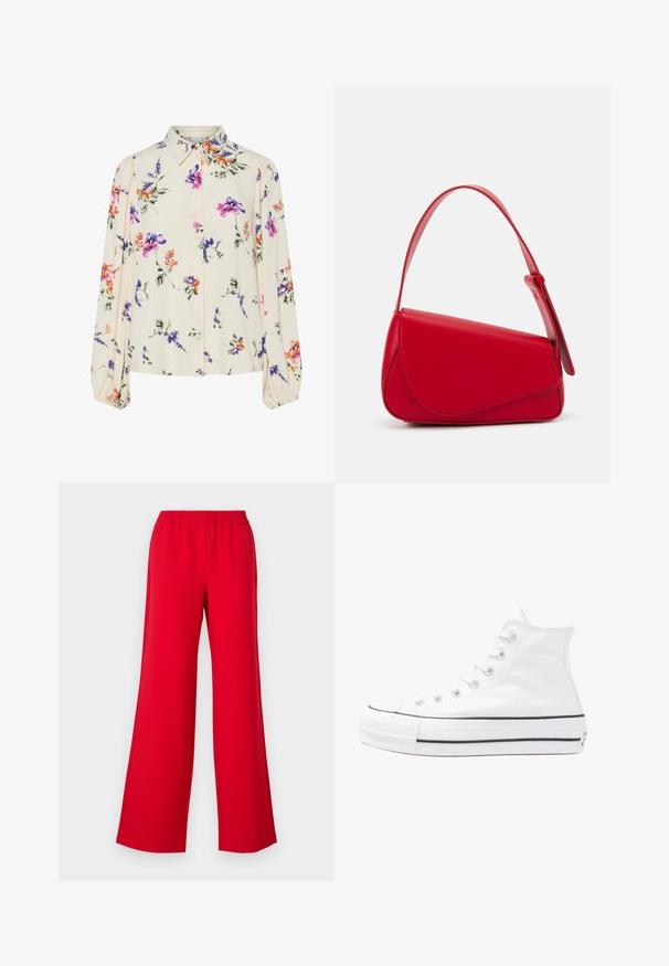 Ziedu blūze ar garām pūkām, gaiši krēmveida pamatne, ar purpursarkanām, oranžām un zaļām ziedu rakstiem, kā arī klasisko apkakles dizainu.; Sarkani plaši bikses ar elastīgu jostasvietu, izgatavotas no gludas, vieglas materiāla. Dizainā nav redzamu detaļu vai rakstu.; Balti augstie kanvas sporta apavi ar melnu gumijas zoli, priekšējo gumijas purngalu un sešām acīm lencēm, kuriem ir tīrs, minimālistisks dizains.; Sarkans ādas rokassomi ar stūrainu, ģeometrisku dizainu. Iekļauj vienu regulējamu siksnu un vāku ar izšūtu detaļu.