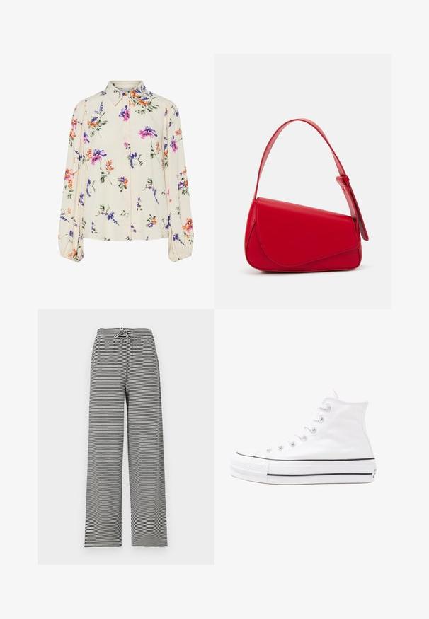 Ziedu blūze ar garām pūkām, gaiši krēmveida pamatne, ar purpursarkanām, oranžām un zaļām ziedu rakstiem, kā arī klasisko apkakles dizainu.; Svītroti melnbalti platajā kāju bikses ar šņorēšanas jostu. Izgatavotas no mīksta auduma, ar horizontālām svītrām un brīvu piegriezumu.; Balti augstie kanvas sporta apavi ar melnu gumijas zoli, priekšējo gumijas purngalu un sešām acīm lencēm, kuriem ir tīrs, minimālistisks dizains.; Sarkans ādas rokassomi ar stūrainu, ģeometrisku dizainu. Iekļauj vienu regulējamu siksnu un vāku ar izšūtu detaļu.