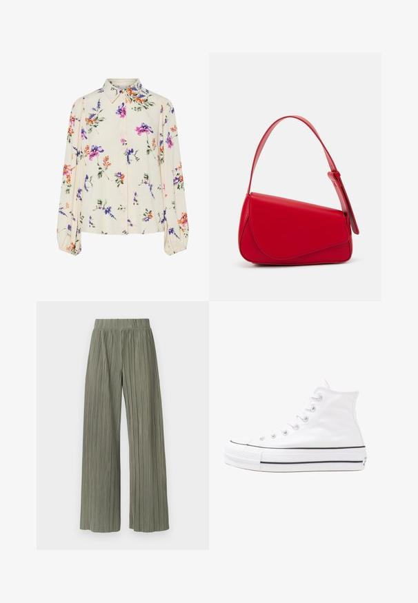 Blusa floral con mangas largas abullonadas, base color crema claro, con patrones florales en púrpura, naranja y verde, y diseño de cuello clásico.; Pantalones amplios de pernera ancha y plisados en verde, con una cinturilla elástica, que presentan pliegues verticales y una textura suave. La tela tiene un aspecto liso y fluido.; Zapatilla de lona alta blanca con suela de goma negra, puntera de goma frontal y seis ojetes para los cordones, que presenta un diseño limpio y minimalista.; Bolso de cuero rojo con un diseño angular y geométrico. Cuenta con una única correa ajustable y un cierre de solapa con detalles de costura.