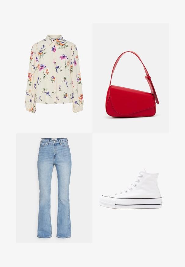 Bluză florală cu mâneci lungi și puff, bază de crem deschis, cu modele florale în nuanțe de violet, portocaliu și verde, și design cu guler clasic.; Jeans din denim bleu deschis, cu croi evazat și talie înaltă, prezentând un design clasic cu cinci buzunare și cusături vizibile pe limbile de sudură.; Adidași albi tip pantofi sport cu glezna din pânză, cu talpă din cauciuc negru, capac de vârf din cauciuc frontal și șase ochiuri pentru șireturi, având un design curat și minimalist.; Geantă de mână din piele roșie, cu un design unghiular și geometric. Dispune de o singură curea ajustabilă și un sistem de închidere cu clapetă, cu detalii cusute.