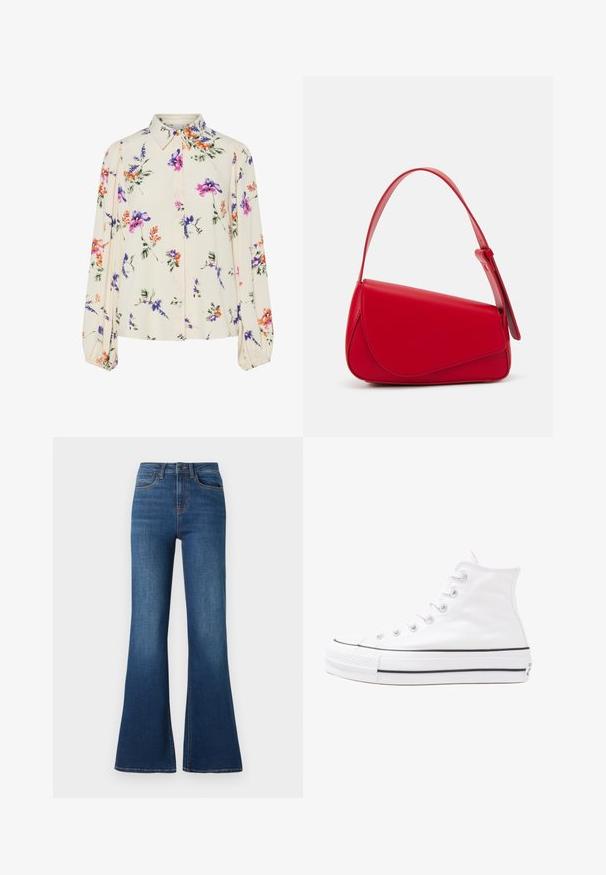 Blusa floral com mangas bufantes longas, base de creme claro, apresentando padrões florais em roxo, laranja e verde, e design de gola clássica.; Jeans de ganga flare feitos de tecido de algodão de peso médio, apresentando um tom azul profundo, costuras contrastantes e um design tradicional de cinco bolsos.; Sapatilha alta de tela branca com sola de borracha preta, bico de borracha na frente e seis ilhós para os atacadores, apresentando um design limpo e minimalista.; Bolsa de mão em couro vermelho com um design angular e geométrico. Apresenta uma única alça ajustável e um fecho com aba, com detalhes cosidos.