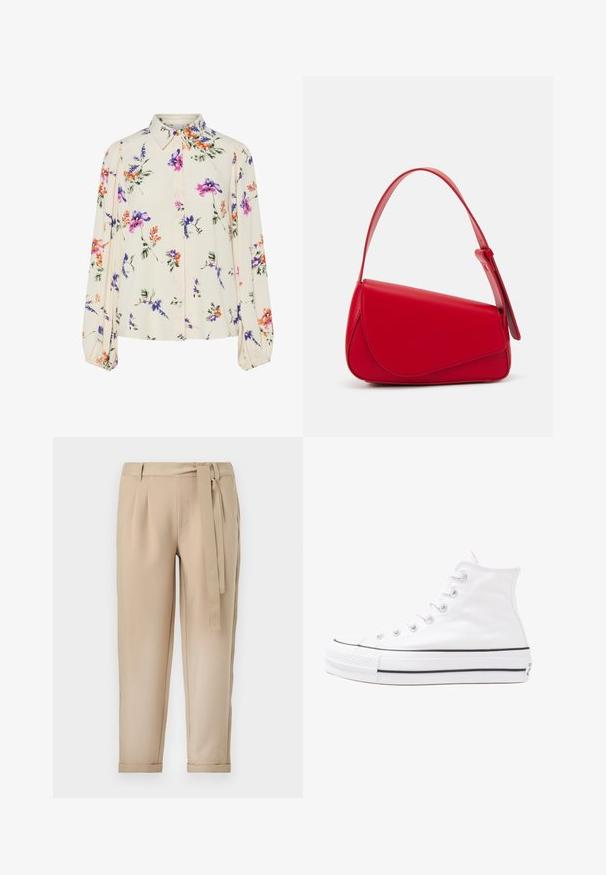 Kvetinová blúzka s dlhými puff rukávmi, svetlovo krémovej farby, so vzormi kvetov v purpurovej, oranžovej a zelenej farbe, a klasickým dizajnom goliera.; Béžové nohavice s priliehavým pásom, so záhybmi a zodpovedajúcim opaskom. Zúžené nohy so zrolovanými okrajmi, vyrobené z hladkého materiálu.; Biele vysoké plátené tenisky s čiernou gumovou podošvou, prednou gumovou špičkou a šiestimi okami na šnúrky, s čistým, minimalistickým dizajnom.; Červená kožená kabelka s ostrým, geometrickým dizajnom. Má jeden nastaviteľný popruh a uzatváranie na klopu so šitím.