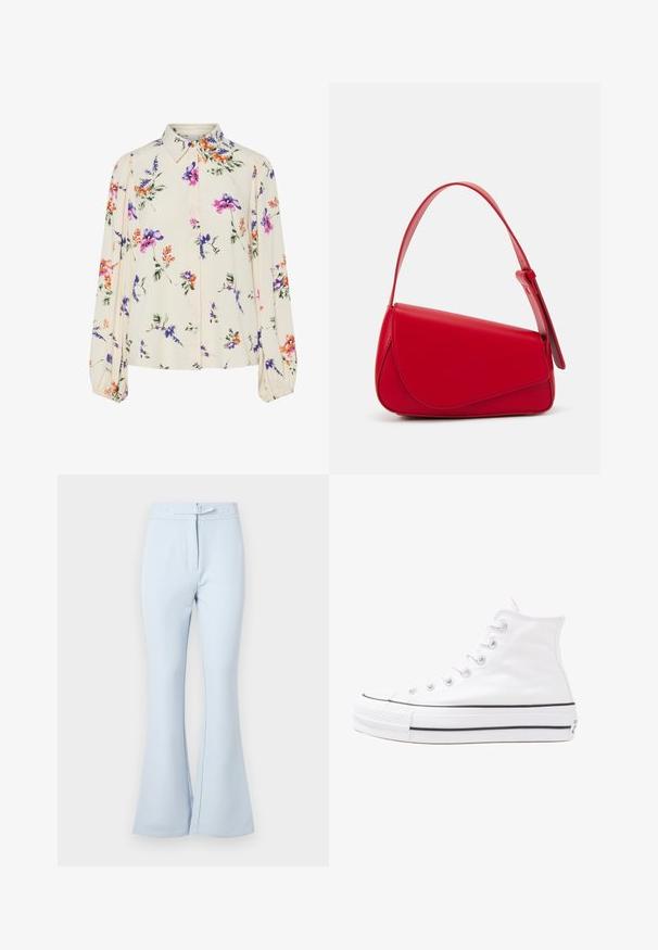 Kvetinová blúzka s dlhými puff rukávmi, svetlovo krémovej farby, so vzormi kvetov v purpurovej, oranžovej a zelenej farbe, a klasickým dizajnom goliera.; Svetlomodré rozšírené nohavice vyrobené z hladkej tkaniny. Majú pás s pútkami na opasok, dve predné vrecká a upravené ukončenie v spodnej časti nohavíc.; Biele vysoké plátené tenisky s čiernou gumovou podošvou, prednou gumovou špičkou a šiestimi okami na šnúrky, s čistým, minimalistickým dizajnom.; Červená kožená kabelka s ostrým, geometrickým dizajnom. Má jeden nastaviteľný popruh a uzatváranie na klopu so šitím.