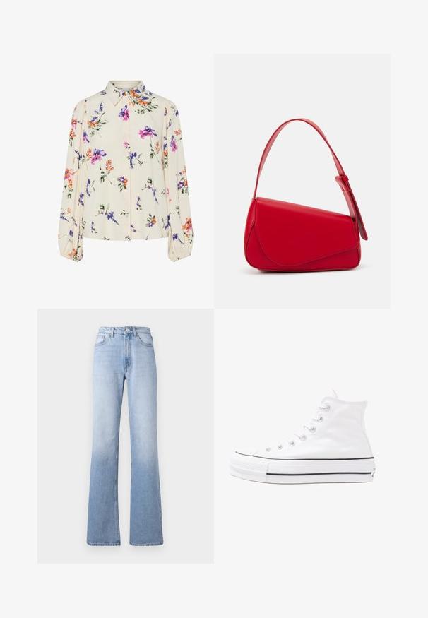 Gėlių bluzonas su ilgomis pūkuotomis rankovėmis, šviesiai kreminiu pagrindu, su violetiniais, oranžiniais ir žaliais gėlių raštais bei klasikiniu apykaklės dizainu.; Šviesiai mėlyni džinsiniai platėjančio kirpimo džinsai su aukštu liemeniu, klasikinio penkių kišenių dizainu, subtiliu išblukimu ir užtrauktuku su mygtuko uždarymu.; Balti aukštakulniai drobės sportbačiai su juodu guminio pado, priekinio guminio piršto dangteliu ir šešiais akytėmis raištams, pasižymintys švariu, minimalistiniu dizainu.; Raudona odinė rankinė su kampuota, geometrine forma. Pasižymi viena reguliuojama dirželiu ir dangteliu su siuvinėtais dekoracijomis.