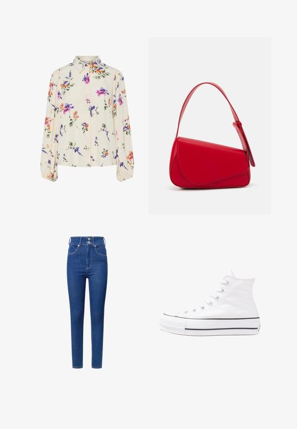 Cvjetna bluza s dugim napuhanim rukavima, svijetlo krem osnova, s ljubičastim, narančastim i zelenim cvjetnim uzorcima, te klasičnim dizajnom ovratnika.; Traperice s visokim strukom u plavoj boji, uskog kroja, s dva dugmeta na pojasu, prednjim džepovima i kontrastnim šavovima.; Bijela visoka platnena tenisica s crnom gumenom potplatom, prednjim gumenim zaštitnikom prstiju i šest rupa za vezanje, s čistim, minimalističkim dizajnom.; Crvena kožna torba s kutnim, geometrijskim dizajnom. Ima jedan podesivi remen i preklopni zatvarač sa šivenim detaljima.