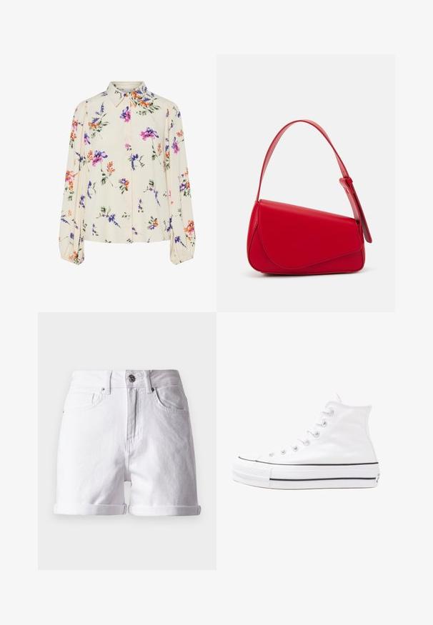 Blusa floral com mangas bufantes longas, base de creme claro, apresentando padrões florais em roxo, laranja e verde, e design de gola clássica.; Calções de ganga brancos com um corte clássico, apresentando bainhas dobradas, dois bolsos frontais e fecho com botão à frente. Textura suave.; Sapatilha alta de tela branca com sola de borracha preta, bico de borracha na frente e seis ilhós para os atacadores, apresentando um design limpo e minimalista.; Bolsa de mão em couro vermelho com um design angular e geométrico. Apresenta uma única alça ajustável e um fecho com aba, com detalhes cosidos.