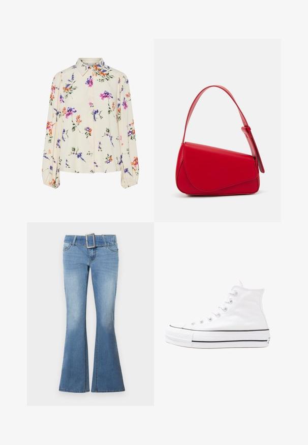 Bluză florală cu mâneci lungi și puff, bază de crem deschis, cu modele florale în nuanțe de violet, portocaliu și verde, și design cu guler clasic.; Jeans evazati de culoare bleu deschis, confecționați din denim, cu un buclă lată pentru curea și o cataramă pătrată mare din argint. Textura estompată de la tiv îmbunătățește designul.; Adidași albi tip pantofi sport cu glezna din pânză, cu talpă din cauciuc negru, capac de vârf din cauciuc frontal și șase ochiuri pentru șireturi, având un design curat și minimalist.; Geantă de mână din piele roșie, cu un design unghiular și geometric. Dispune de o singură curea ajustabilă și un sistem de închidere cu clapetă, cu detalii cusute.