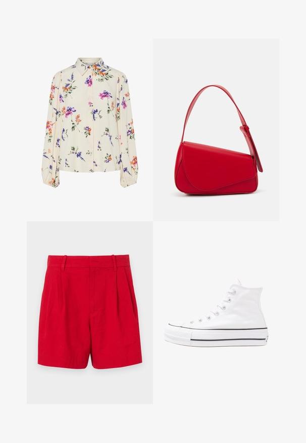 Blouse fleurie à manches bouffantes longues, base crème clair, ornée de motifs floraux violets, oranges et verts, avec un col classique.; Shorts en lin rouges avec une taille haute, présentant des plis à l'avant, des passants de ceinture et une texture lisse. Coupe régulière avec un design épuré et conforme.; Baskets montantes en toile blanche avec semelle en caoutchouc noir, capuchon en caoutchouc à l'avant, et six œillets pour les lacets, présentant un design épuré et minimaliste.; Sac à main en cuir rouge avec un design angulaire et géométrique. Il dispose d'une seule sangle ajustable et d'une fermeture à rabat avec un detailing cousu.