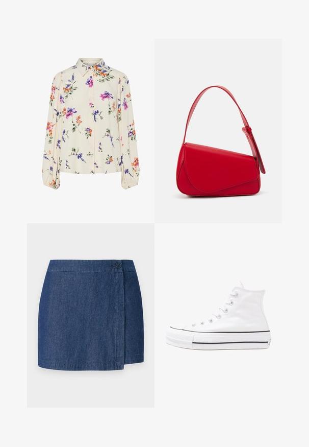 Blouse fleurie à manches bouffantes longues, base crème clair, ornée de motifs floraux violets, oranges et verts, avec un col classique.; Jupe en denim avec un design croisé, couleur bleu foncé, présentant une fermeture à bouton sur le côté droit, et un ourlet droit. Texture douce.; Baskets montantes en toile blanche avec semelle en caoutchouc noir, capuchon en caoutchouc à l'avant, et six œillets pour les lacets, présentant un design épuré et minimaliste.; Sac à main en cuir rouge avec un design angulaire et géométrique. Il dispose d'une seule sangle ajustable et d'une fermeture à rabat avec un detailing cousu.