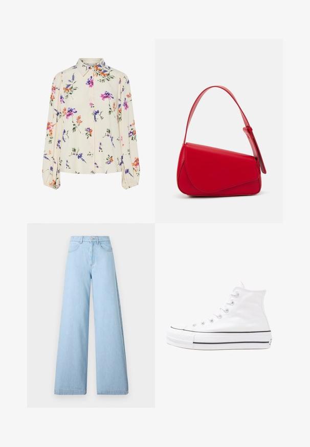 Cvjetna bluza s dugim napuhanim rukavima, svijetlo krem osnova, s ljubičastim, narančastim i zelenim cvjetnim uzorcima, te klasičnim dizajnom ovratnika.; Svijetloplave široke traperice izrađene od denima, s visokim strukom, prednjim džepovima i čistim rubovima s minimalnim šavnim detaljima.; Bijela visoka platnena tenisica s crnom gumenom potplatom, prednjim gumenim zaštitnikom prstiju i šest rupa za vezanje, s čistim, minimalističkim dizajnom.; Crvena kožna torba s kutnim, geometrijskim dizajnom. Ima jedan podesivi remen i preklopni zatvarač sa šivenim detaljima.