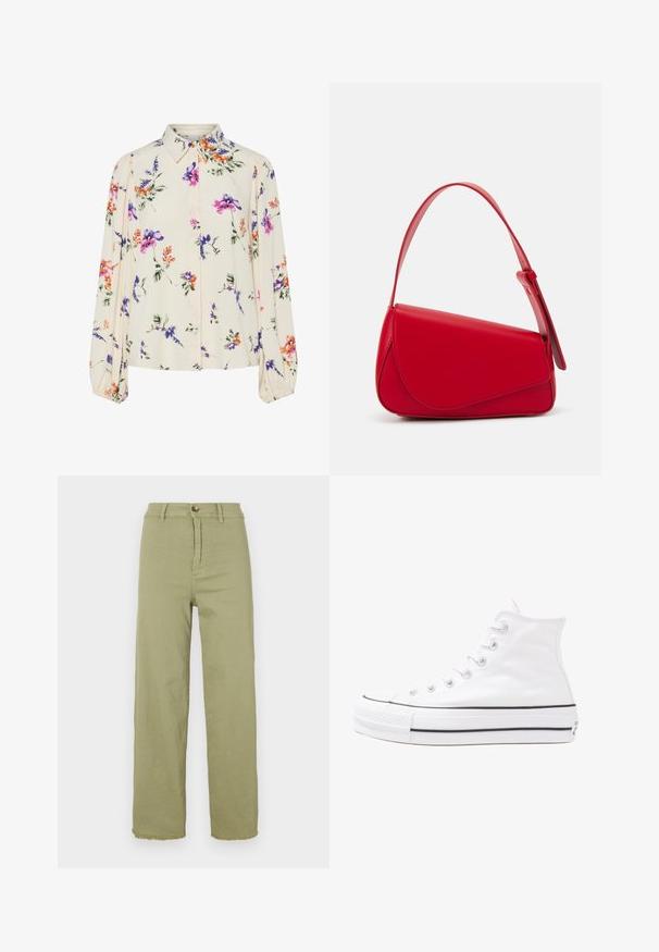 Blusa floreale con maniche puff lunghe, base di un chiaro crema, caratterizzata da motivi floreali in viola, arancione e verde, con un classico design del colletto.; Pantaloni alta vita verde chiaro con gamba dritta. Presentano una chiusura a bottone e orlo sfilacciato. Realizzati in tessuto di cotone con una superficie liscia.; Sneaker alta in tela bianca con suola in gomma nera, punta in gomma frontale e sei asole per i lacci, caratterizzata da un design pulito e minimalista.; Borsa a tracolla in pelle rossa con un design angolare e geometrico. Presenta una singola tracolla regolabile e una chiusura a patta con dettagli cuciti.