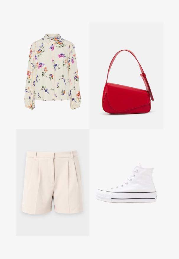 Blusa floreale con maniche puff lunghe, base di un chiaro crema, caratterizzata da motivi floreali in viola, arancione e verde, con un classico design del colletto.; Pantaloni corti beige sartoriali con pieghe, tasche laterali e taglio dritto. Realizzati in tessuto leggero per una texture morbida.; Sneaker alta in tela bianca con suola in gomma nera, punta in gomma frontale e sei asole per i lacci, caratterizzata da un design pulito e minimalista.; Borsa a tracolla in pelle rossa con un design angolare e geometrico. Presenta una singola tracolla regolabile e una chiusura a patta con dettagli cuciti.