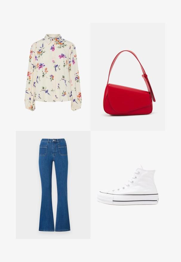 Cvetna bluzica z dolgimi puff rokavi, svetlo smetanaste barve, s purpurnimi, oranžnimi in zelenimi cvetličnimi vzorci ter klasičnim ovratnikom.; Modri flared kavbojki z visokim pasom, izdelane iz jeansa. Imajo dva hrbtna žepa in kovinsko zaponko spredaj. Čista, minimalistična zasnova.; Beli visoki platneni športni čevelj z črnim gumijastim podplatom, sprednjim gumijastim zaščitnikom za prste in šestimi luknjicami za vezalke, ki se ponaša s preprostim, minimalističnim dizajnom.; Rdeča usnjena torba z angularnim, geometrijskim dizajnom. Ima en samostoječ nastavljiv ročaj in pokrov, zaprt z zapiranjem, ki je okrašen s šivi.