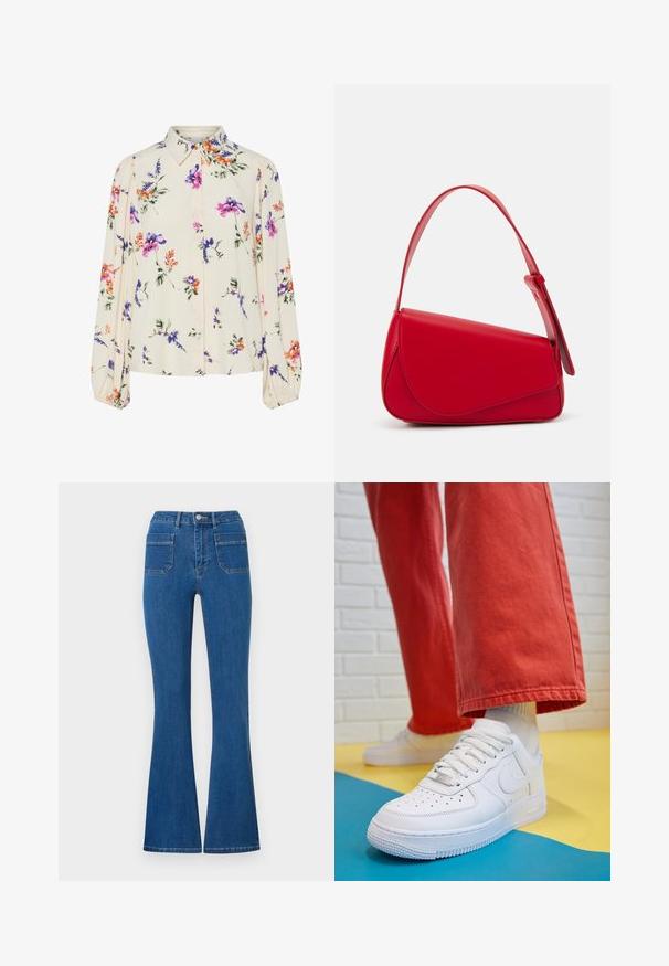 Kvetinová blúzka s dlhými puff rukávmi, svetlovo krémovej farby, so vzormi kvetov v purpurovej, oranžovej a zelenej farbe, a klasickým dizajnom goliera.; Vyšívané modré džínsy s vysokým pásom, vyrobené z denimu. Obsahujú dve zadné vrecká a kovový gombík na uzáver vpredu. Čistý, minimalistický dizajn.; Biele kožené tenisky s perforovanou špičkou, textúrovanou podrážkou a bielymi šnúrkami, spárované so širokými červenými nohavicami na modrom a žltom pozadí.; Červená kožená kabelka s ostrým, geometrickým dizajnom. Má jeden nastaviteľný popruh a uzatváranie na klopu so šitím.