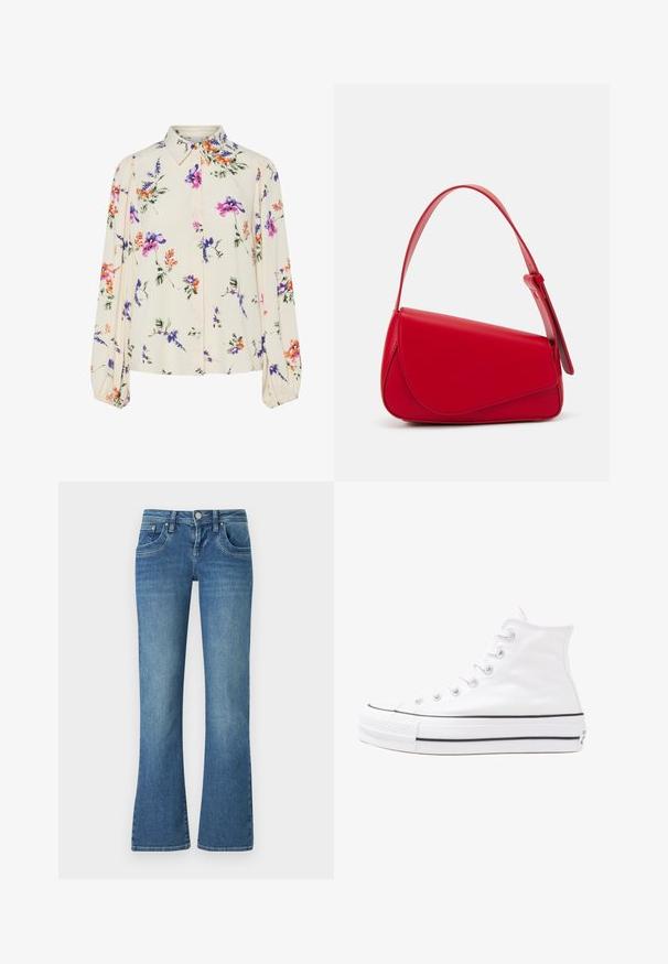 Blusa floreale con maniche puff lunghe, base di un chiaro crema, caratterizzata da motivi floreali in viola, arancione e verde, con un classico design del colletto.; Jeans a campana di colore blu chiaro realizzati in denim, con cinque tasche, cuciture a contrasto e chiusura con bottone in vita.; Sneaker alta in tela bianca con suola in gomma nera, punta in gomma frontale e sei asole per i lacci, caratterizzata da un design pulito e minimalista.; Borsa a tracolla in pelle rossa con un design angolare e geometrico. Presenta una singola tracolla regolabile e una chiusura a patta con dettagli cuciti.